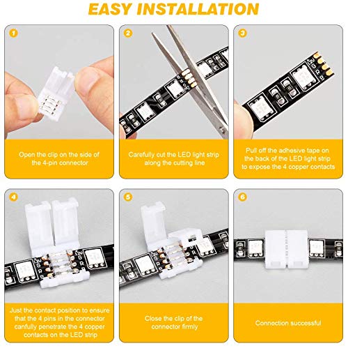 46 Pcs RGB LED Light Strip Connectors Kit, 4Pin LED Connector 10mm Gapless Solderless Adapter, L Shape Connectors,T Shape Connectors for SMD 5050 LED Strip with 10 Led Strip Clips, Pry Open Tool