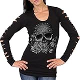 Hot Leathers Bandana Skull Women's Long Slit Sleeve Biker T-Shirt (Black, Large)