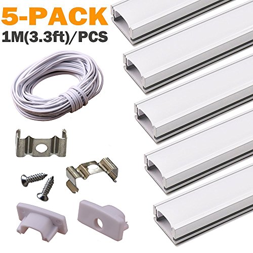 OLICTO 5 PACK 1M/3.3ft LED Aluminum U Channel with 10-Meter 20AWG Extension Cable Wire for Low-cost DIY Under Cabinet Lighting,LED Strip Light Channel with Complete Mounting Accessories