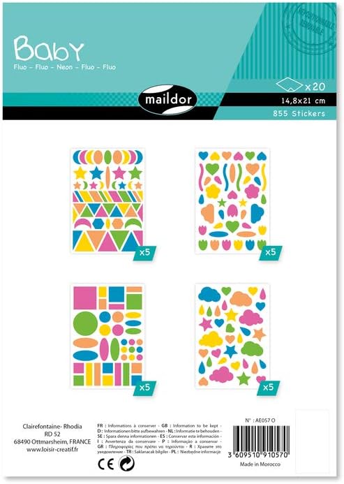Maildor AE057O -STICKERS Baby, 20 sheets, Dimensions: 14.8 x 21 cm, From 2 years, FLUORESCENT ASSORTMENT (855 stickers)