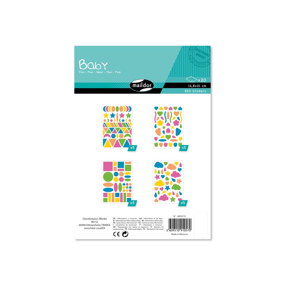 Maildor AE057O -STICKERS Baby - 20 sheets - Dimensions: 14.8 x 21 cm - From 2 years - FLUORESCENT ASSORTMENT (855 stickers) - Children's Creative Leisure Tools