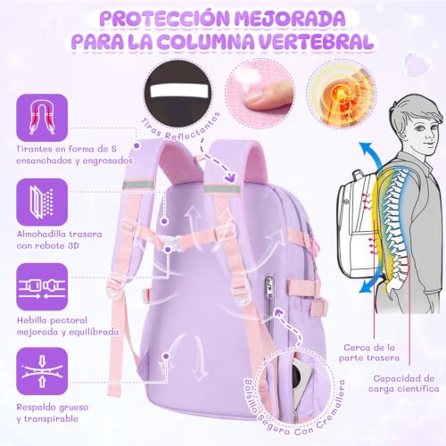 Nasjac Mochilas Escolares para Niñas de Primaria con Bolsa Térmica y Estuche, Mochila Escolar Infantil Gran Capacidad, Simpático conejito, Mochilas Multifuncional Informal Para Viajes, Escuela