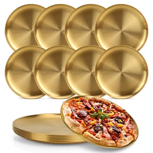 YEUIKERR 8 Pieces Gold Pizza Pan Bulk 10 inch Stainless Steel Pizza Pan for Oven, Round Pizza Baking Tray Heavy Duty Pizza Serving Tray, Pizza Baking Sheets for Home Kitchen Restaurant