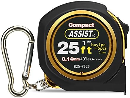 Assist 25ft(7.5m) Tape Measure Inches and Metric Measurement Double Sided Retractable Measuring Tape with Magnetic Hook Nylon Coated Ruler and Lock Carabiner for Homeowners DIYers Designers, Gold