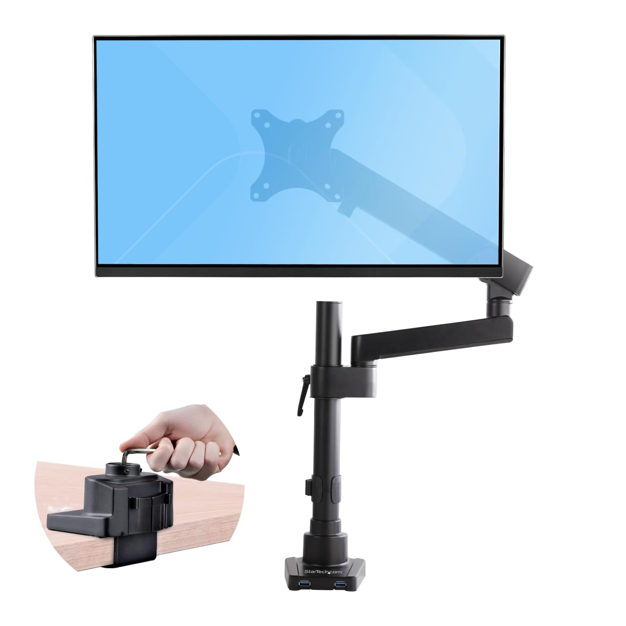 StarTech.com Desk Mount Monitor Arm w/ 2x USB 3.0 ports for VESA Display up to 34" (17.6lb/8kg), C-Clamp/Grommet, Mechanical Spring