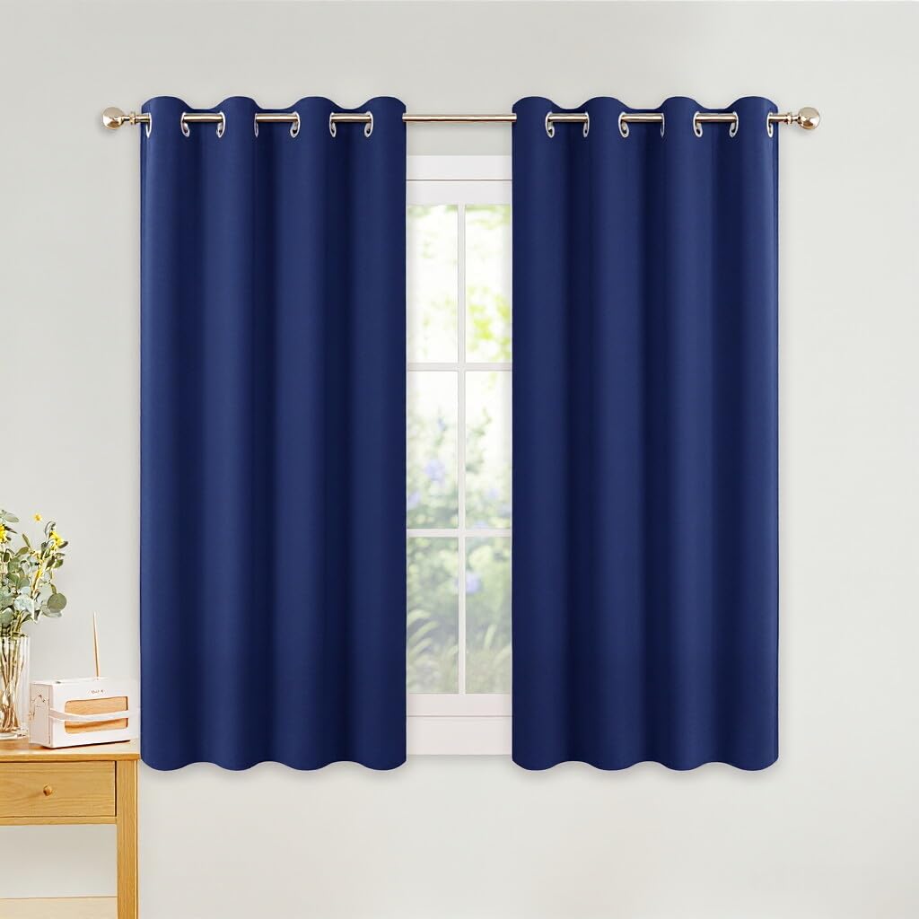 PONY DANCE Blue Energy Saving Blackout Curtains for Boys, Short Eyelet Thermal Curtains & Drapes for Living Room/Kitchen/Kid's Bedroom Window Treatment, W46 X L54-inch, Set of 2