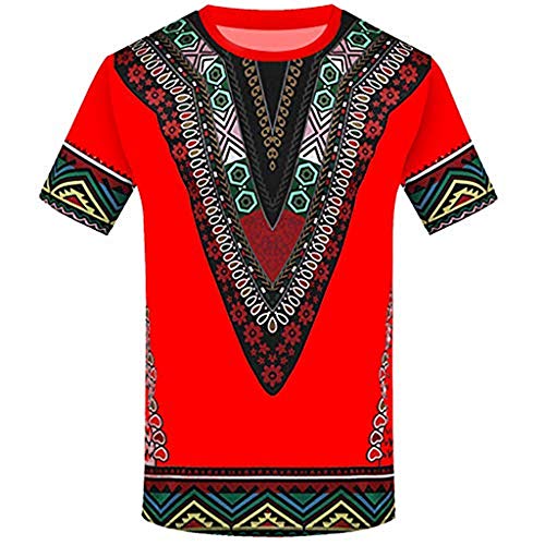 Ximandi Men's Fashion African Printed T Shirt Short Sleeve Casual Shirt Top Blouse Red