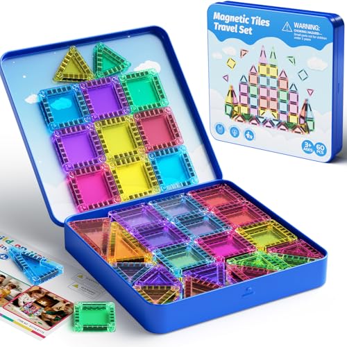 Magnetic Building Blocks Travel Toy, 60-Piece Magnetic Tiles Travel Set with Iron Box, Creativity Mini Magnetic Tiles Sensory Toy Birthday Gift for Children 3 4 5 6 Years