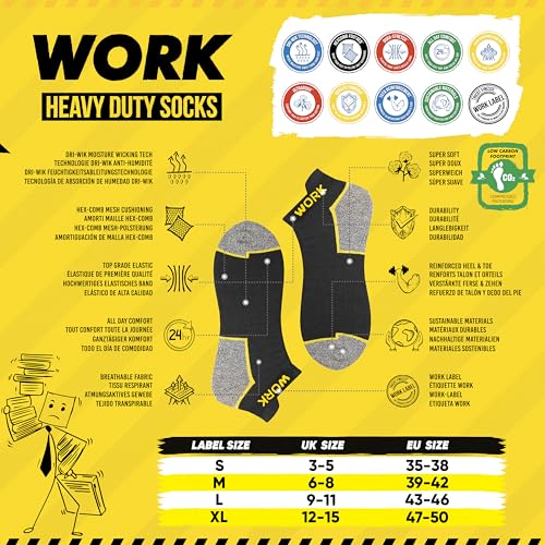 10 Paar Kurze Arbeitssocken Herren Schwarz | Gepolsterte Sneakersocken Knöchelsocken | DRI-WIK Feuchtigkeitsmanagement | Verstärkte Ferse & Spitze | Dura-Stretch Elastan | Größe 43-46