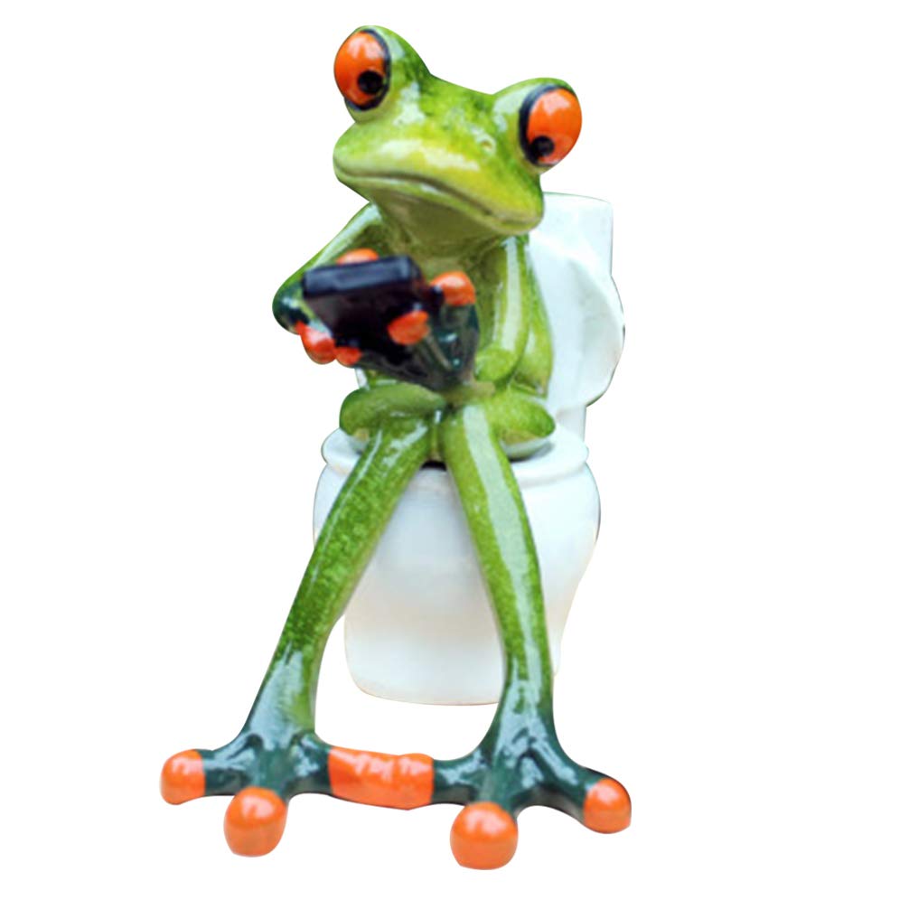 Resin Frog Figurines Funny Creative Desktop Pen Holder Texting on Toilet Frog Statue Pencil Storage Box Home Decoration (Green)
