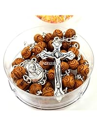 COLLAR ROSARIO CATÓLICO BENDITO, cuentas talladas en madera de olivo con suelo de Jerusalén y cruz en caja de regalo