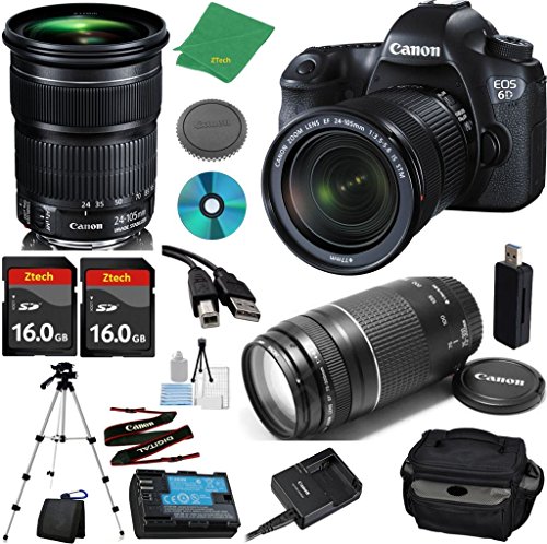 Canon EOS 6D Camera with 24-105mm IS STM Lens + 75-300mm III Zoom + 2pcs 16GB Memory + Camera Case + Card Reader + Professional Tripod + 6pc Starter Set - International Version Canon EOS 6D Camera with 24-105mm IS STM Lens + 75-300mm III Zoom + 2pcs 16GB Memory + Camera Case + Card Reader + Professional Tripod + 6pc Starter Set - International Version