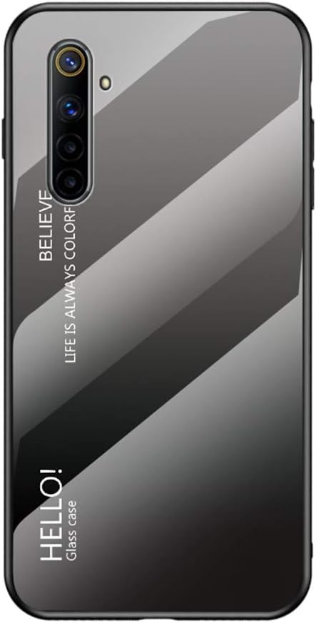 Multicolor Case for Realme 6 Case Gradient Clear Tempered Glass Cover Case Compatible with Realme 6 (Black gray)