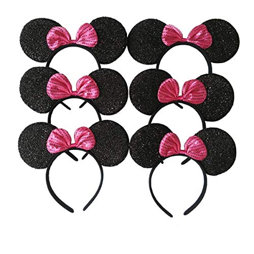 CHuangQi Mouse Ears Solid Black and RoseRed Bow Headband for Boys and Girls Birthday Party or Celebrations (Pack of 12)
