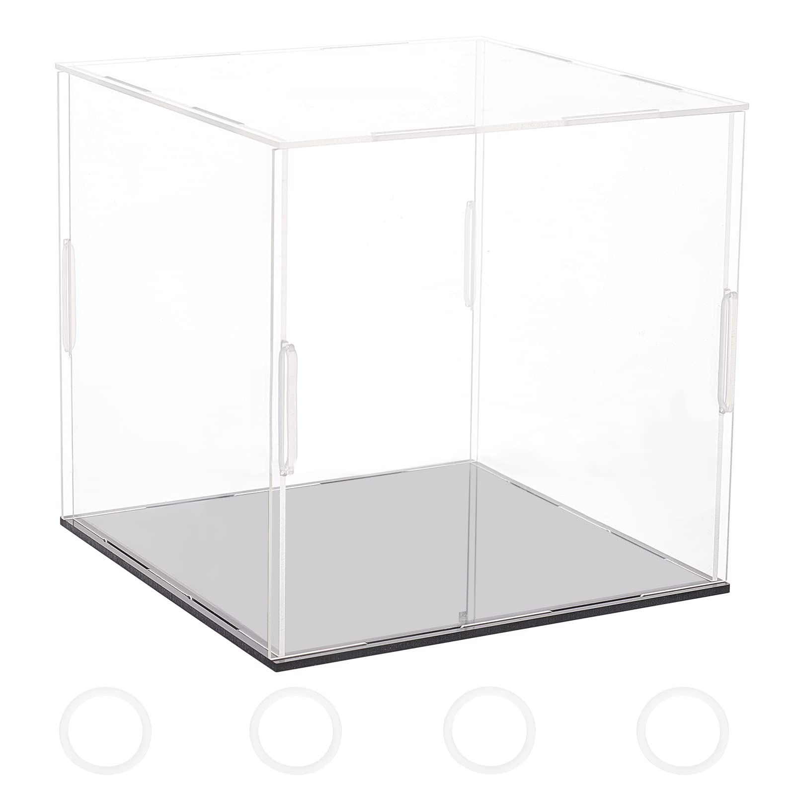 FINGERINSPIRE Clear Acrylic Display Case with Black Base & 4 Pcs Rubber Rings 16x16x15cm Cube Clear Self-Assembly Acrylic Box Dustproof Protection Showcase for Action Figures Collectibles Toys