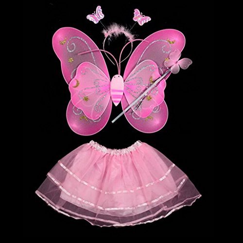 VANKER 4Pcs/Set Pink Fairy Butterfly Wings Wand Headband Dress Fancy Cosplay Costume Dress-up