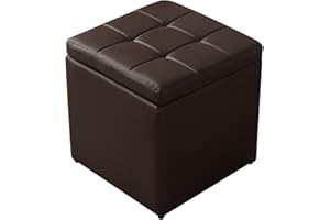Elegant Dark Brown Leather Pouf Stool with Storage - Upholstered Square Footstool for Living Room & Bedroom Perfect for Dress