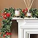 ATDAWN 9 FT Christmas Garland, Battery Operated Prelit Garland with Pine Cones, Christmas Balls, and Red Bows, Christmas Collection with White Lights for Indoor Outdoor