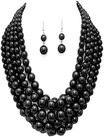 Black Faux Pearl Multi Strand Necklace with Pierced Dangle Earrings