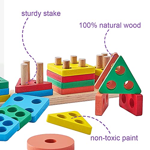 Wooden Sorting & Stacking Toy Sensory Toys for Toddlers 3 in 1 Multi