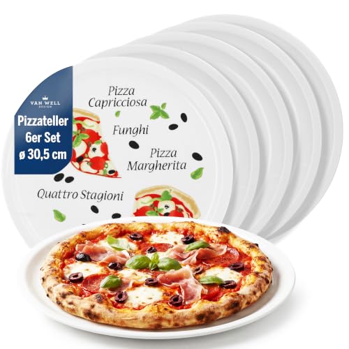 Van Well Pizzateller 6er-Set Ø 30,5 cm – Italienischer Pizzateller groß XL – Robuster Porzellan Teller für Pizza & Pasta – Mikrowellen- & Spülmaschine