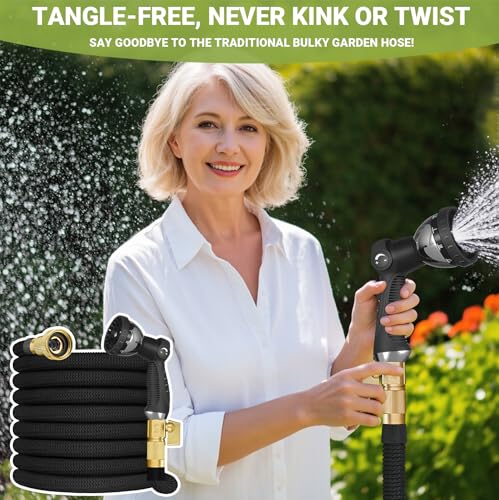 50FT Garden Hose – Expandable Garden Hose with10 Pattern Spray Nozzle, Aluminum Alloy Copper Plated 3/4 inch Connector – Lightweight, Durable, and Kink-Free, Retractable Water Hoses Black