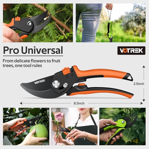 VOTREK® 8.5" Garden Secateurs for Weak Hands, Professional Bypass Pruner | Patented Stepless Handle, Japanese SK5 Blades, Heavy Duty Pruning Shears, Gardening Scissors for Grass, Branches & Stems
