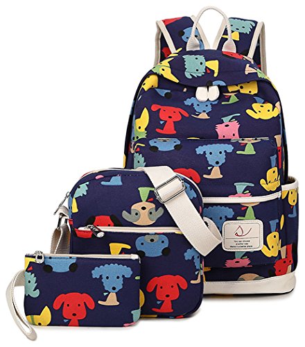 Moonmo Canvas Kids Girls Backpacks for School Cute Cat Dog Rabbit Book Shoulder Bags Set Teens (dog-dark blue)