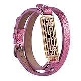 GHIJKL Compatible Fitbit Flex 2 Bands, Metal and Genuine Leather Wristband Replacement for Fitbit Flex 2, Flex2 Strap Style (Gold Color Metal/Pink Leather)