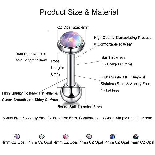 6 Pairs 18K Stud Earrings Set for Women Girls Men,Hypoallergenic 316L Surgical Steel Earring Set 16G 4mm CZ Opal Cartilage Hoop Nail Helix Tragus Stud Earrings Lip Labret Ring Piercing Jewelry(Silver)