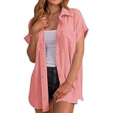 MaQiYa Womens Short Sleeve Button Down Shirts Casual Loose Fit Summer Shirt Blouses Tops with Pockets