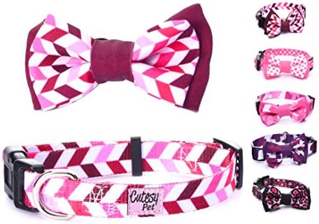Cutesy Pet Dog Collar with Adjustable Bow | Comfortable and Strong | Red Chevron | 5 Different Styles in 4 Different Sizes