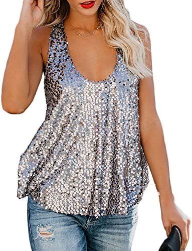 Canrulo Women Sleeveless Tops Shimmer Sequin Embellished Sparkle Tank Tops Loose Fit Vest