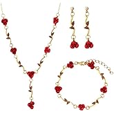 LittleFathand Rose Necklace Earrings Bracelet Set Red Flower Pendant Necklace Floral Rose Dangle Earrings Vintage Rose Bracelet for Women Rose Jewelry Gift