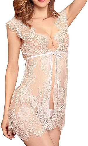 ResportsNNT Babydoll Sexy Lingerie Elegant Eyelash Lace Chemise and Panty For Women (White, S)