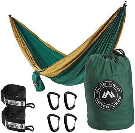 HangTight Adventures 2 Person Camping Hammock with Tree Straps (Complete Set) - Best for Outdoor Adventures - A+ Durable Nylon Material - Lightweight and Great for Traveling - Color (Green-Taupe)