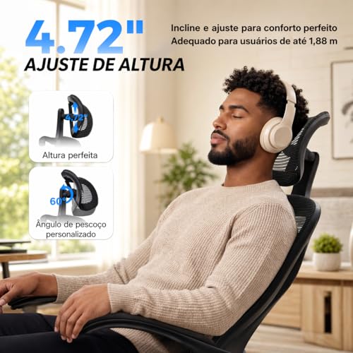 Cadeira Escritório Ergonômica Ajustável Altura Apoio Lombar Reclinável Encosto Respirável Conforto Postura Home Office Giratória Rodas Silenciosas Base Reforçada Regulagem Braços Profissional