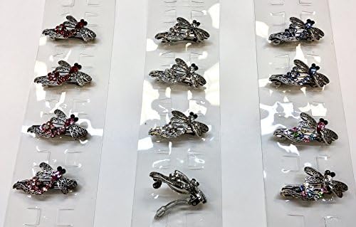 12 Pieces Dragonfly Crystal Hair Barrette with Silver Metal Clip 5 Different Crystal Color