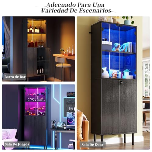 Simple Wisdom Vitrina Exhibidor,Vitrina con Puerta de Cristal y LED en la Parte Superior y Armario con Cerradura en la Parte Inferior,Librero Organizador,Archivero(Negro, 182X60 CM)
