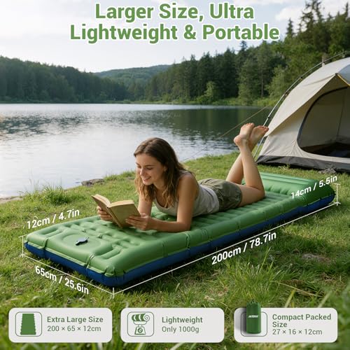 JATEKA Inflatable Camping Mattress Ultra Light with Integrated Cushion 14 cm Single Inflatable Mattress for Outdoor Travel Beach Camping Mattress Light Blue Green
