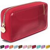 Embla Clear Cosmetic Bag Makeup Case, Clear Zipper Make Up Pouch and Toiletry Travel Tote, Cute Skincare Pouches for Women Girls, Preppy Purse Cosmetic Organizer, Small Makeup Bags, Ruby Red