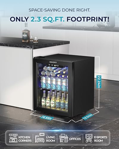 EUHOMY 60 Can Beverage Refrigerator cooler-Mini Fridge Glass Door for Beer Drinks Wines, Countertop Beverage Fridge with Adjustable Shelves Blue LED, 1.6 cu.ft
