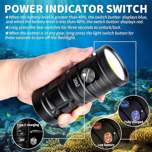 LetonPower Turbo S Diving Video Torch 10000 Lumens – VIDEO Lampe 120° CRI 92 5200K, Waterproof 100 m, USB-C Charging for Underwater Photos and Videos