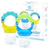 Baby Feeder for Boys 2 Pack, Grab n’ Shake Rattle Teething Toy Set | Fresh Food-Fruit Silicone Feeder & Teether