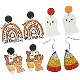 Halloween Earrings Set for Women Glitter Acrylic Cute Ghost Pumpkin Bats Dangle Stud Earrings Halloween Holiday Costumes Easter Party Jewelry Gifts-4 Pairs