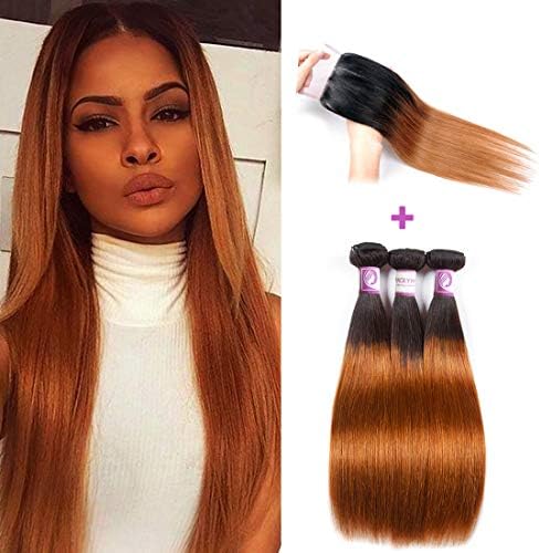 Racily Hair 1B/30 Ombre Brazilian Hair Straight 3 Bundles with Closure Black to Dark Brown Silky Straight Virgin Human Hair Free Middle Three Part Lace Closure Baby Hair (14" 16" 18" & Closure 12")