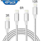 AOFU Cable,Charger Cable 4Pack 3FT 6FT 6FT 10FT to USB Syncing and Data Nylon Braided Cord Charger for iPhone X/8 Plus/8/7/7 Plus/6/6 Plus/6s/6s Plus/5/5s/5c/SE-Silver&amp;Gray