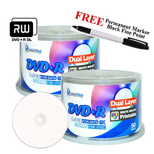 Smartbuy 100-disc 8.5GB/240min 8x DVD+R DL White Inkjet Hub Printable Blank Media Disc + Black Permanent Marker