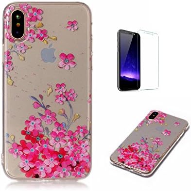 iPhone XS/iPhone X Case[With Tempered Glass Screen Protector],Fatcatparadise Transparent Silicone Cover Case ,Colorful Cute Pattern Design TPU Protective Case For Apple iPhone XS/iPhone X(Wintersweet)