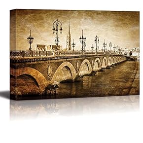 Canvas Prints Wall Art - Bordeaux River Bridge with St Michel Cathedral Vintage/Retro Style | Modern Wall Decor/Home Decoration Stretched Gallery Canvas Wrap Giclee Print & Ready to Hang - 12" x 18"